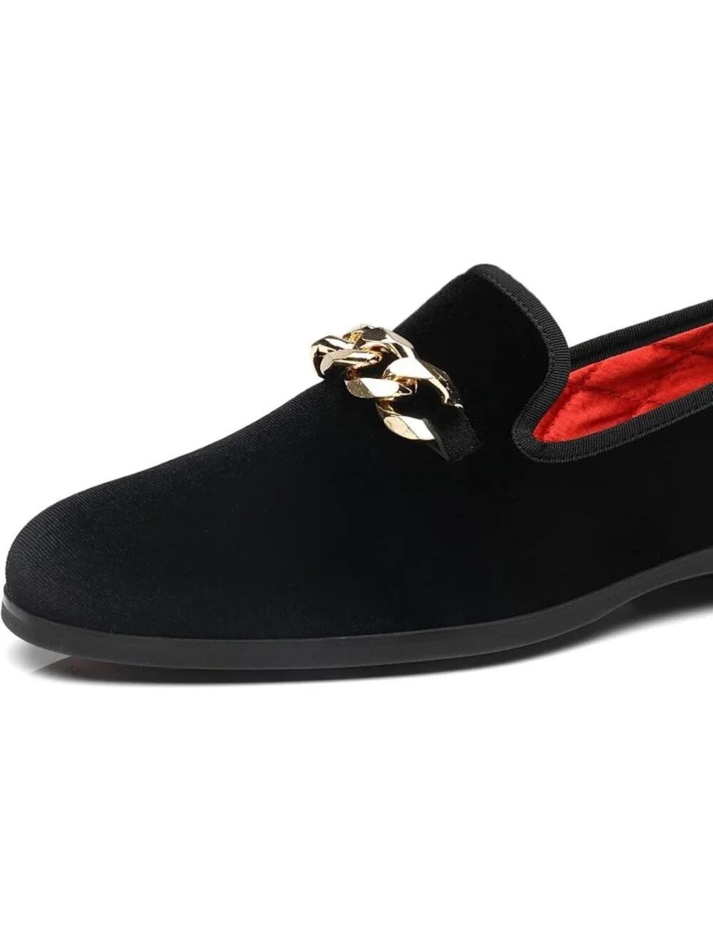 FOEVTRUE Men's Black Velvet Loafers Gold Chain Buckle Slip On Fashion Shoes
